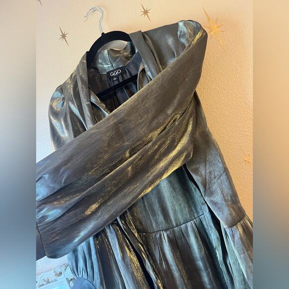 SOLD Gigio Shimmering Metallic Gold Green Mini Dress Brunch Event Party - Picture 7 of 10
